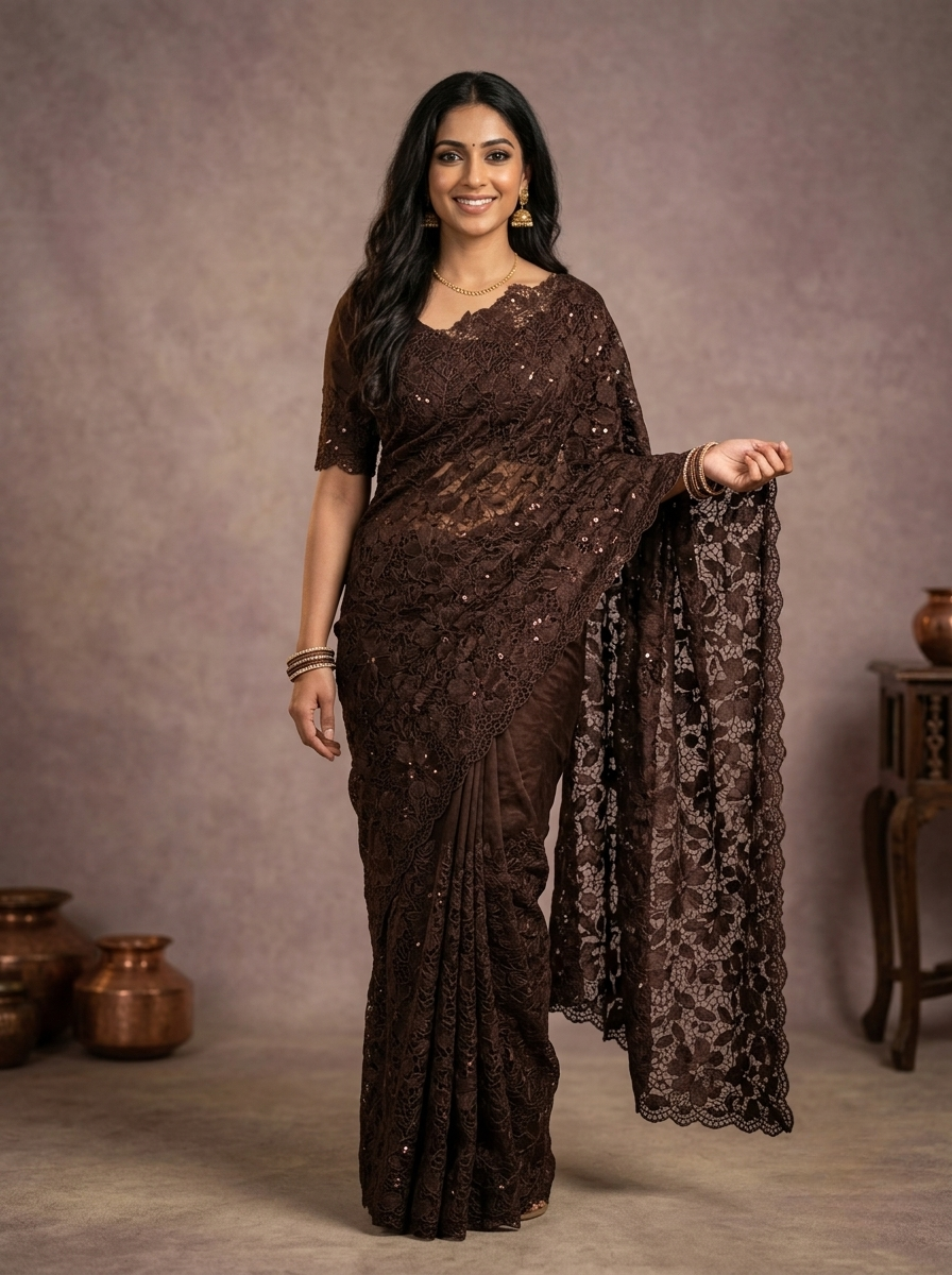 Organza Saree in Dark Brown with Intricate Floral Cutwork and Sequin Embellishments