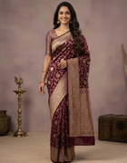 Semi Banarasi Silk Saree in Grape with Golden Floral Brocade and Traditional Zari Border