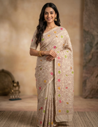 Pure Tussar Saree in Beige with Multicolour Floral Buttas and Kantha Stitch Detailing