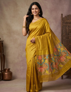 Jute Silk Saree in Yellow with Multicolour Abstract Motifs and Tasselled Pallu
