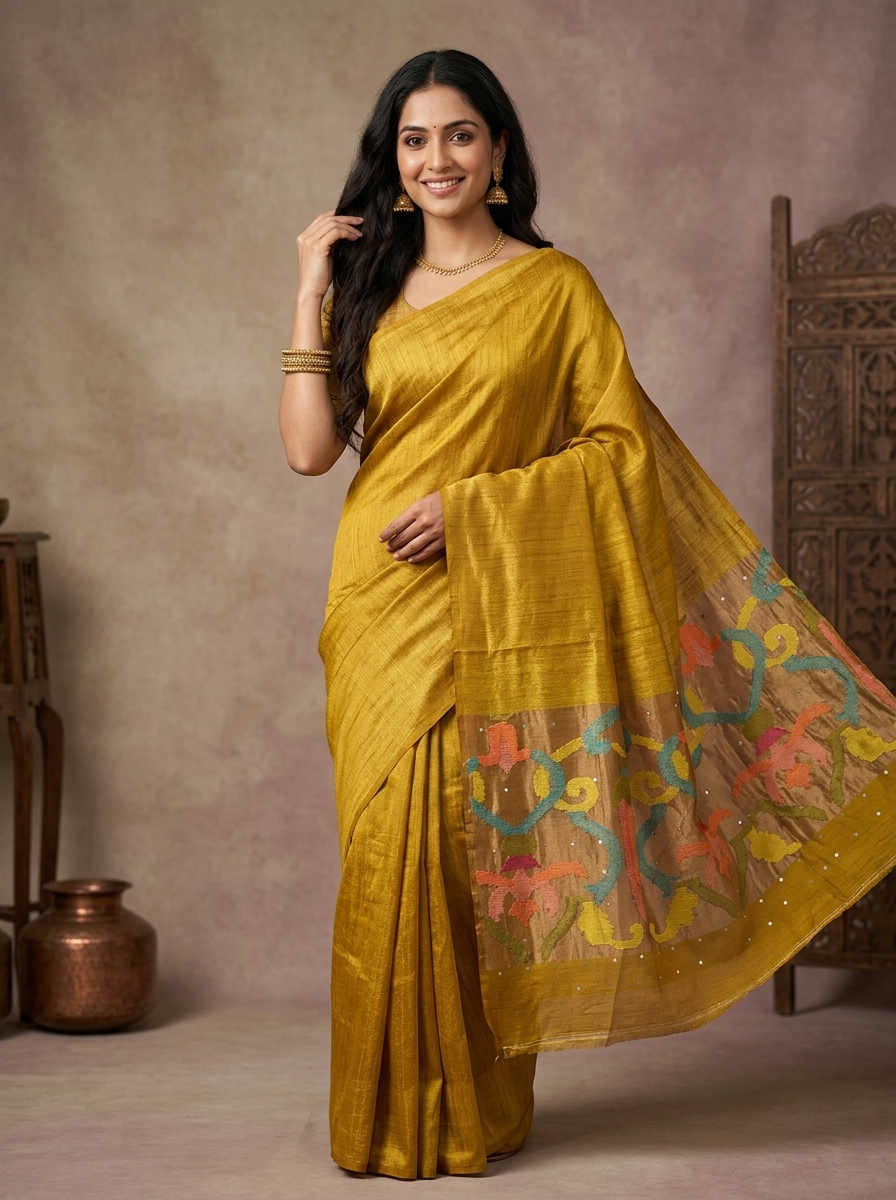 Jute Silk Saree in Yellow with Multicolour Abstract Motifs and Tasselled Pallu