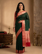 Semi Banarasi Silk Saree in Emerald Green with Silver Butta Motifs and Red Contrast Zari Border
