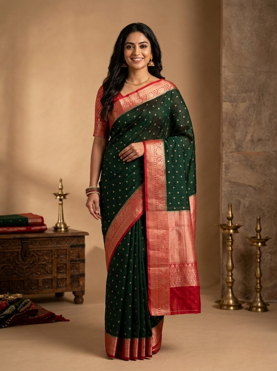 Semi Banarasi Silk Saree in Emerald Green with Silver Butta Motifs and Red Contrast Zari Border
