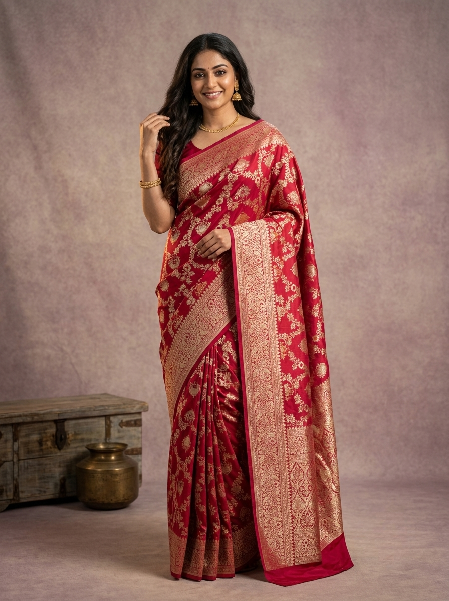 Khathan Silk Saree in Bright Pink with Traditional Golden Banarasi Jaal and Zari Motifs