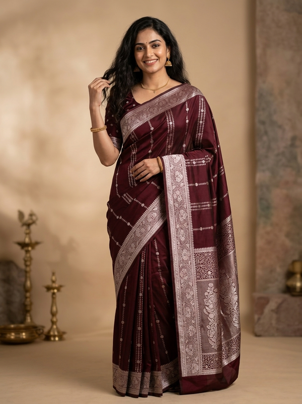 Banarasi Silk Saree in Maroon with Silver Thread Stripes and Traditional Brocade Border