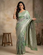 Banarasi Tussar Saree in Pastel Green with Multicolour Rangat Patterns and Silver Thread Border