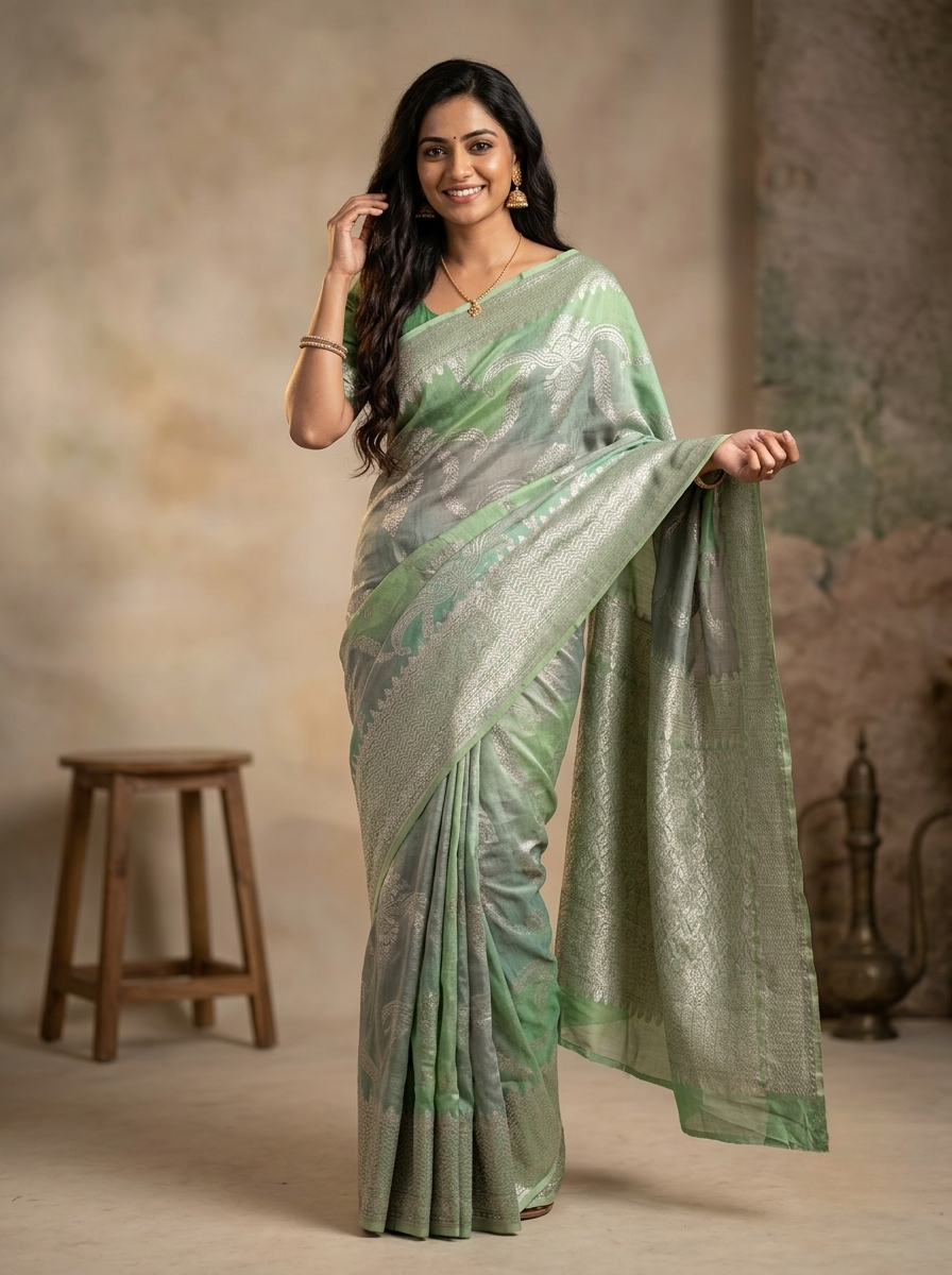 Banarasi Tussar Saree in Pastel Green with Multicolour Rangat Patterns and Silver Thread Border