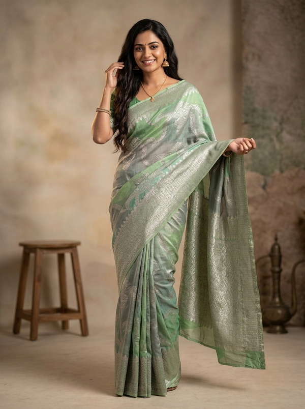 Banarasi Tussar Saree in Pastel Green with Multicolour Rangat Patterns and Silver Thread Border