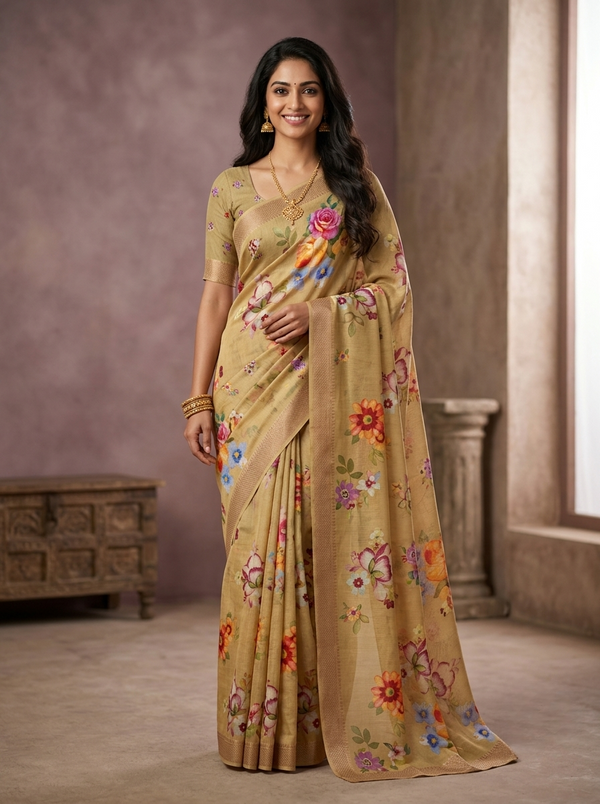 Chanderi Cotton Saree in Mustard Yellow with Vibrant Floral Prints and Copper-Toned Border