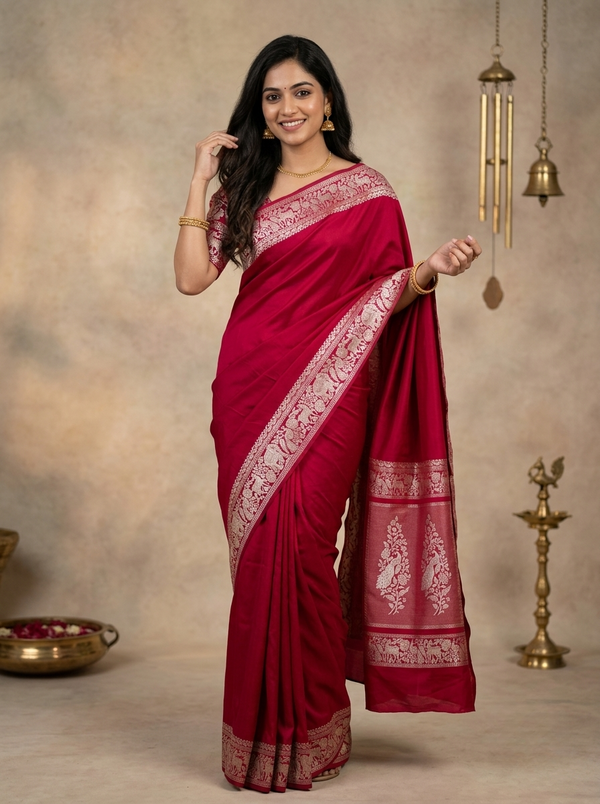 Banarasi Silk Saree in Rani Pink with Traditional Silver Threadwork Border