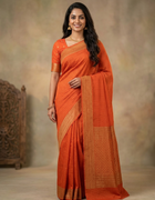 Georgette Banarasi Saree in Vibrant Orange with Golden Thread Stripes and Traditional Zari Border