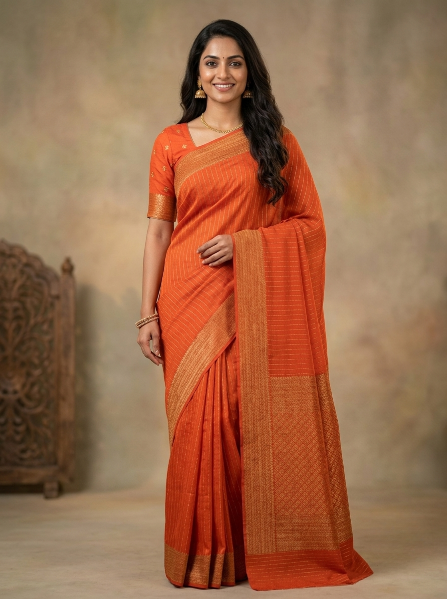 Georgette Banarasi Saree in Vibrant Orange with Golden Thread Stripes and Traditional Zari Border