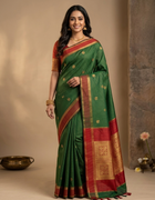 Pure Kanchipuram Saree in Forest Green and Maroon with Golden Zari Checks and Traditional Box Border