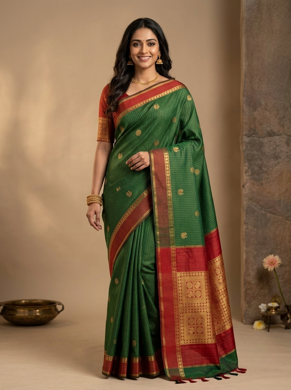 Pure Kanchipuram Saree in Forest Green and Maroon with Golden Zari Checks and Traditional Box Border