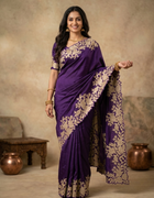 Soft Organza Saree in Violet Body with Floral Embroidery Border