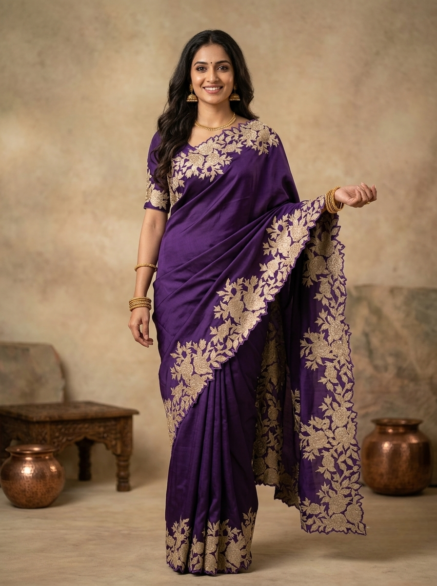 Soft Organza Saree in Violet Body with Floral Embroidery Border
