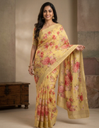 Pure Linen Saree in Pastel Green with Multicolour Floral Prints and Plain Border