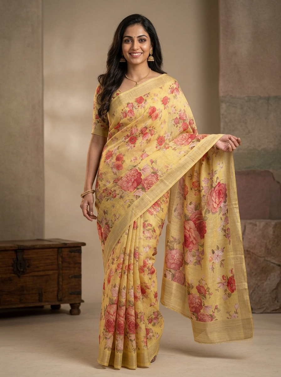 Pure Linen Saree in Pastel Green with Multicolour Floral Prints and Plain Border