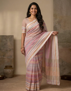 Chanderi Cotton Saree in Multicolour Pastel Stripes with Golden Zari Accents