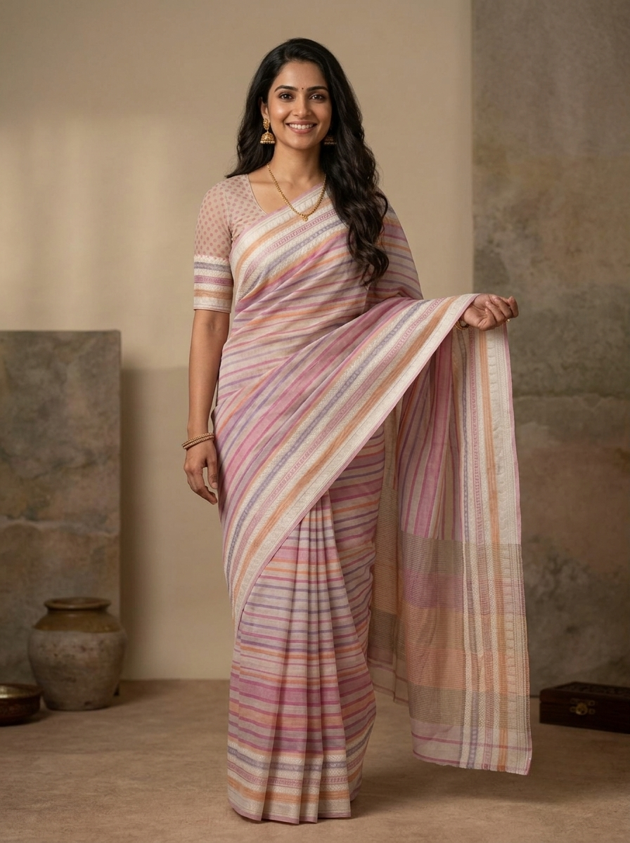 Chanderi Cotton Saree in Multicolour Pastel Stripes with Golden Zari Accents
