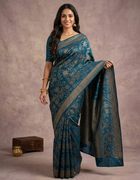 Semi-Jute Saree in Blue with Floral Sequin Embellishments and Linear Threadwork