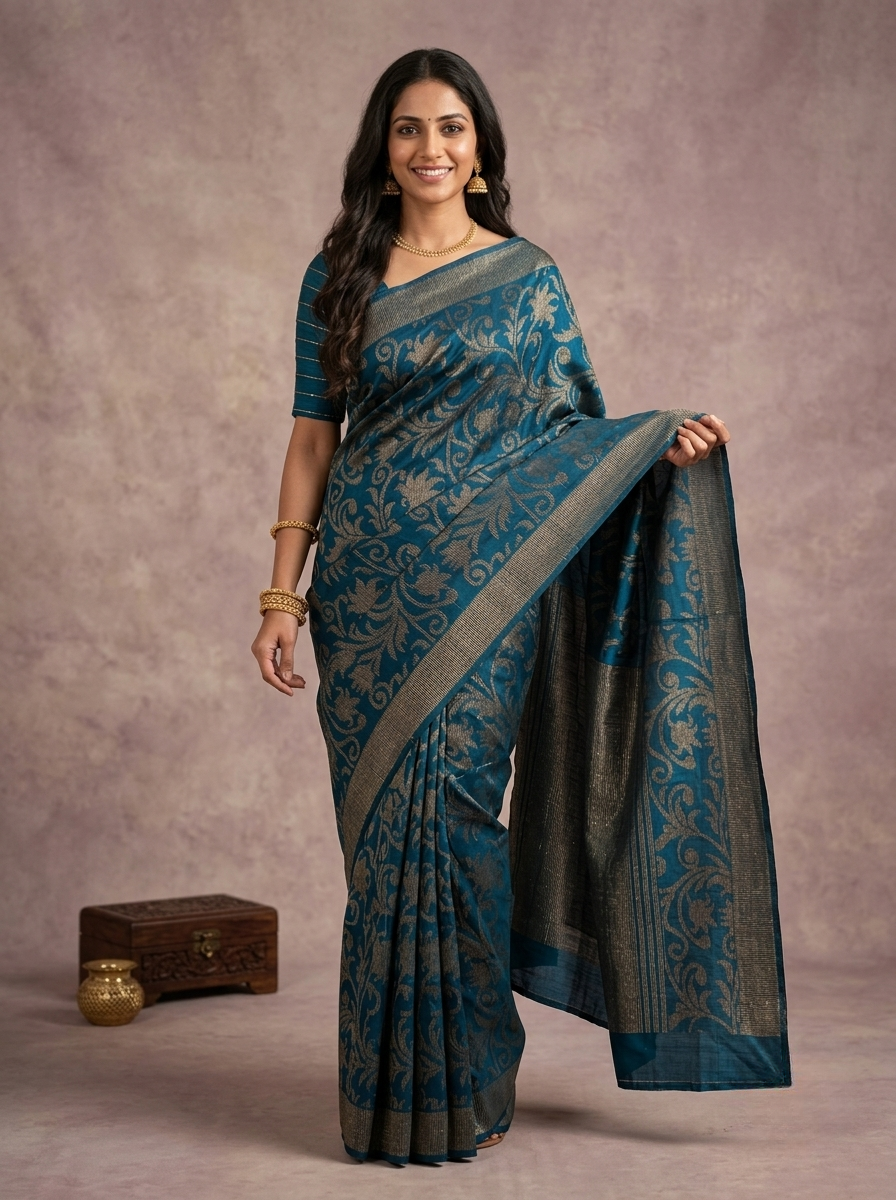 Semi-Jute Saree in Blue with Floral Sequin Embellishments and Linear Threadwork