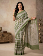Chanderi Cotton Saree in Green and White with Circle Prints and Striped Border