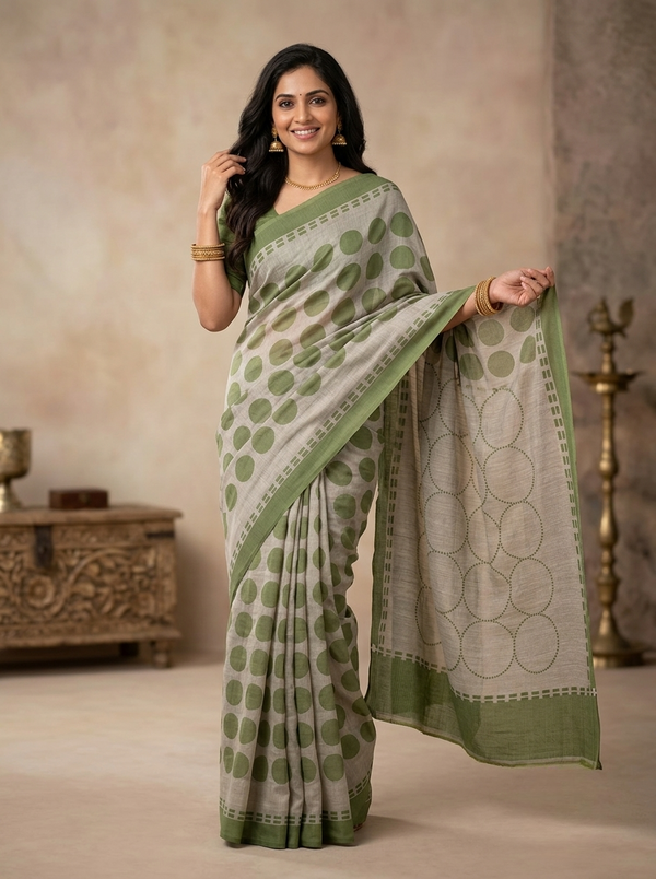Chanderi Cotton Saree in Green and White with Circle Prints and Striped Border