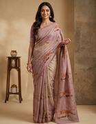 Linen Jute Saree in Soft Pink with Multicolour Animal Prints and Silver Thread Border