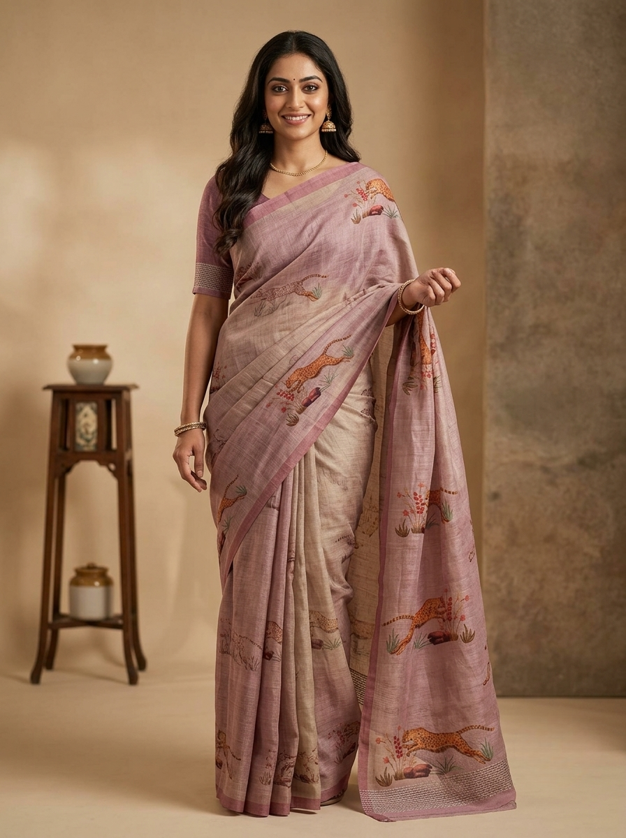 Linen Jute Saree in Soft Pink with Multicolour Animal Prints and Silver Thread Border