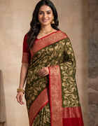 Chanderi Cotton Saree in Green with Peacock Prints and Red Border