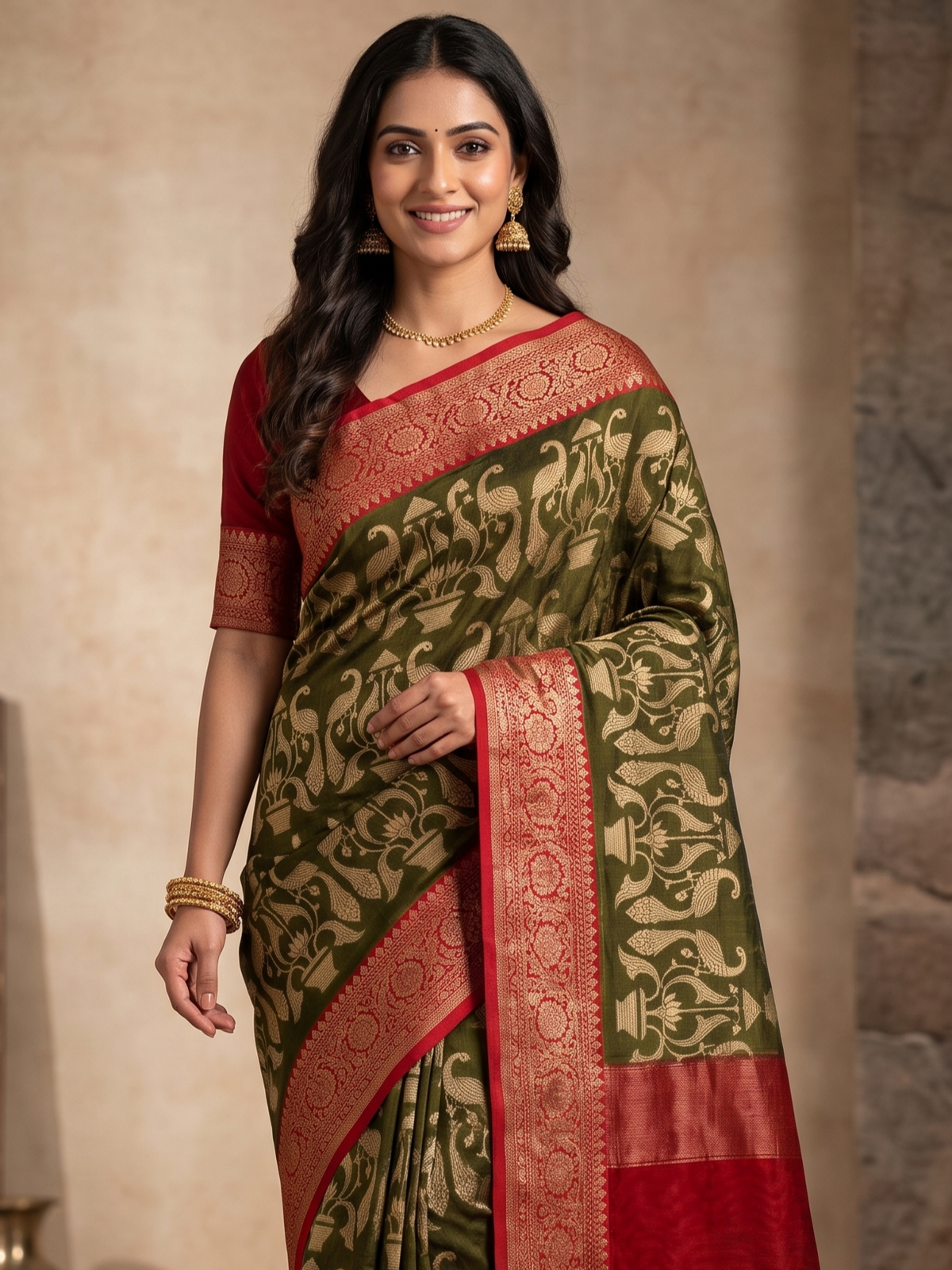 Chanderi Cotton Saree in Green with Peacock Prints and Red Border