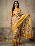 Jute Tussar Saree in Cream and Yellow with Floral Prints and Temple Border