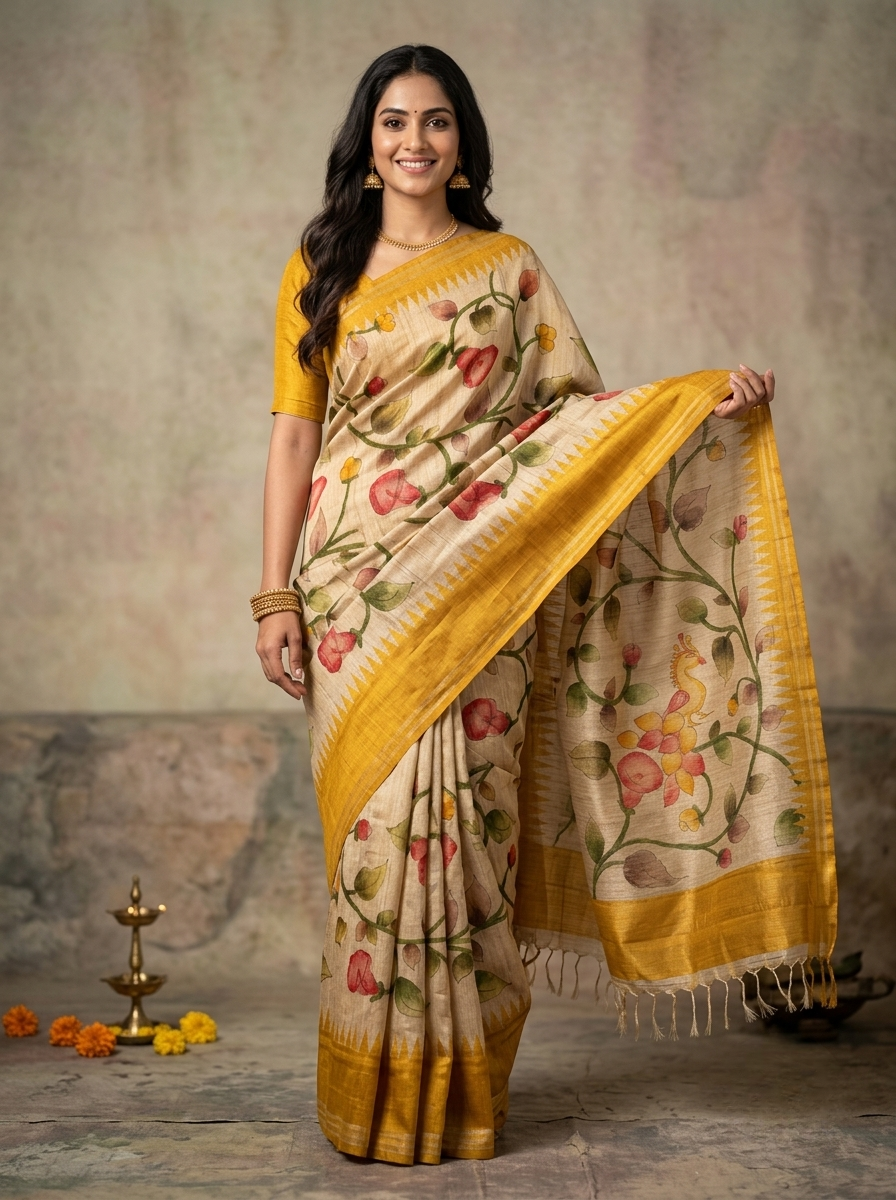 Jute Tussar Saree in Cream and Yellow with Floral Prints and Temple Border