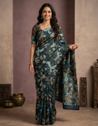 Turkish Organza Saree in Teal and Navy Blue with Metallic Floral Appliqué and Scalloped Edges