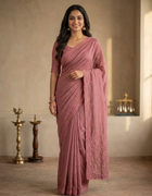Chanderi Saree in Dusty Pink with Intricate Chikankari Embroidery and Floral Detailing