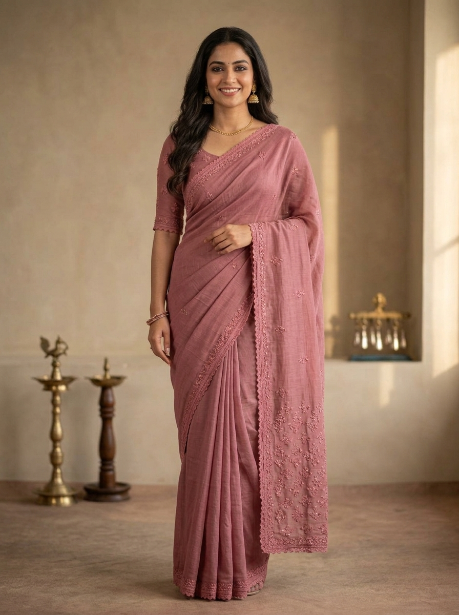 Chanderi Saree in Dusty Pink with Intricate Chikankari Embroidery and Floral Detailing