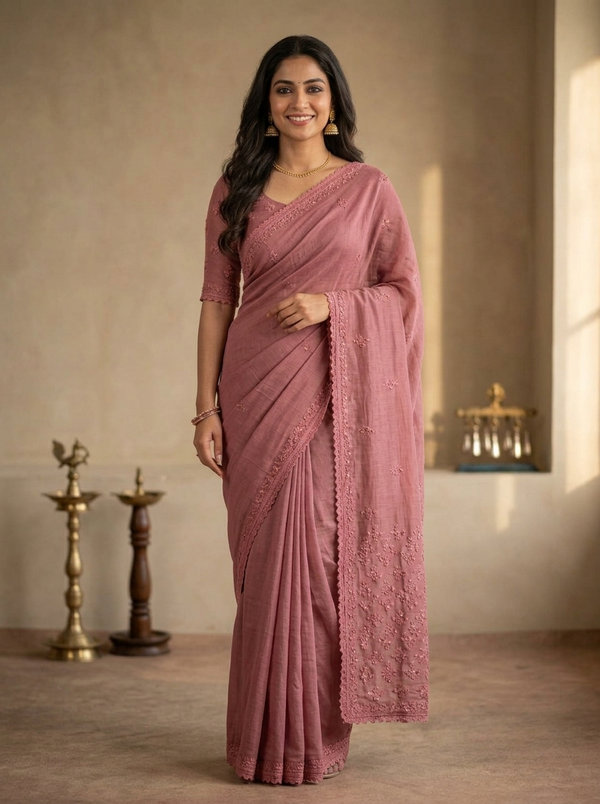 Chanderi Saree in Dusty Pink with Intricate Chikankari Embroidery and Floral Detailing