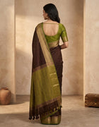 Semi-Jute Saree in Green and Brown with Antique Gold Accents and Tassel Pallu