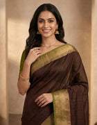 Semi-Jute Saree in Green and Brown with Antique Gold Accents and Tassel Pallu