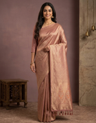 Semi Banarasi Silk Saree in Peach with Silver Thread Brocade and Traditional Border
