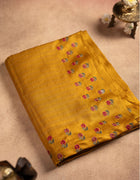 Pure Tussar Saree in Yellow with Multicolour Floral Threadwork