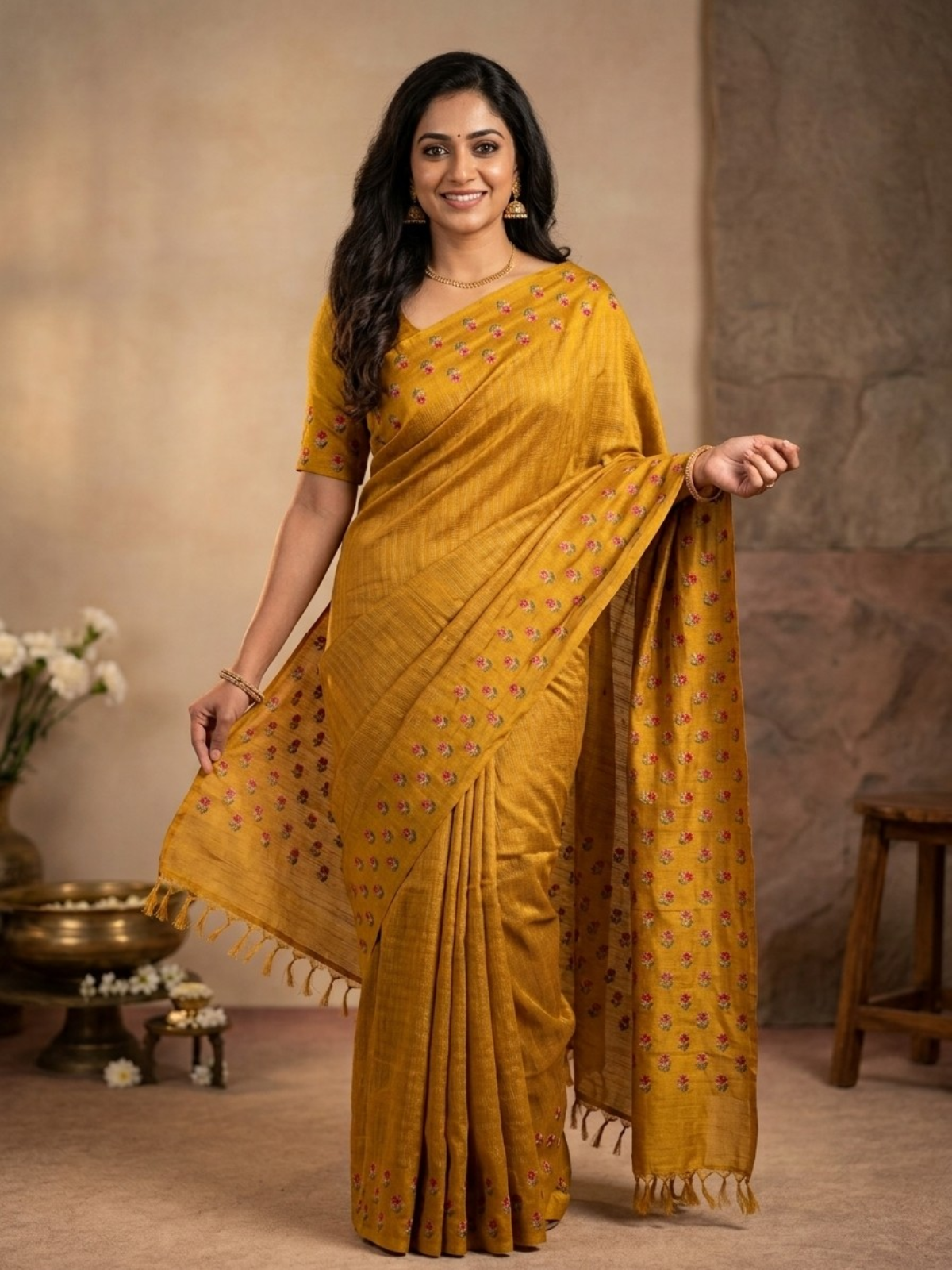 Pure Tussar Saree in Yellow with Multicolour Floral Threadwork