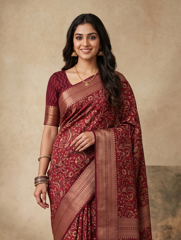 Chanderi Cotton Saree in Maroon with Floral and Peacock Prints